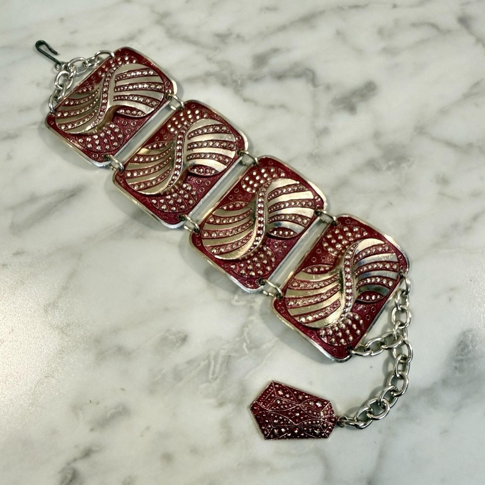 Vintage West Germany Eloxal Modernist Panel Bracelet Aluminum Pink Enamel - Picture 3 of 8